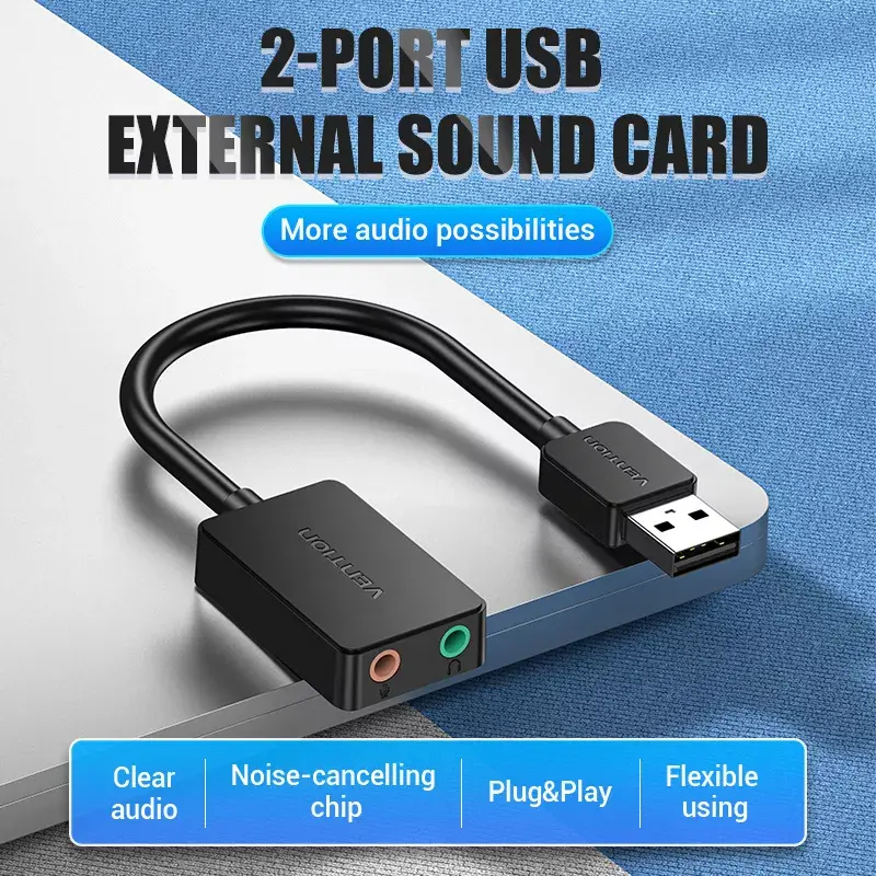 Vention 2-porttinen ulkoinen USB-äänikortti 0,15 m musta 2.1 kanavaa 16 bit