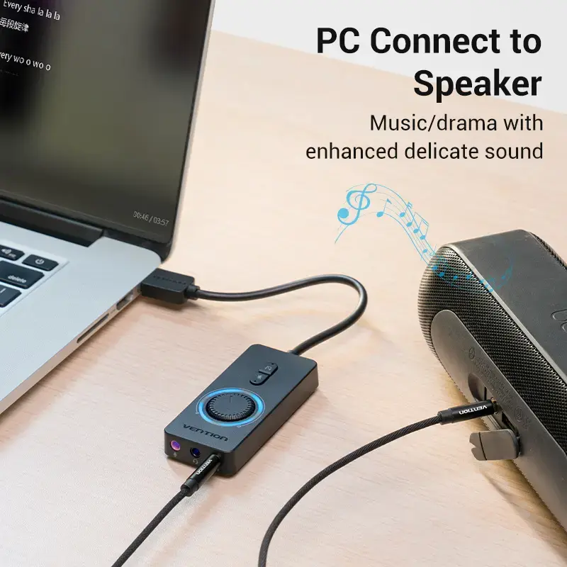 Vention USB 2.0 ulkoinen stereoäänisovitin äänenvoimakkuuden säädöllä 0,15 m musta ABS