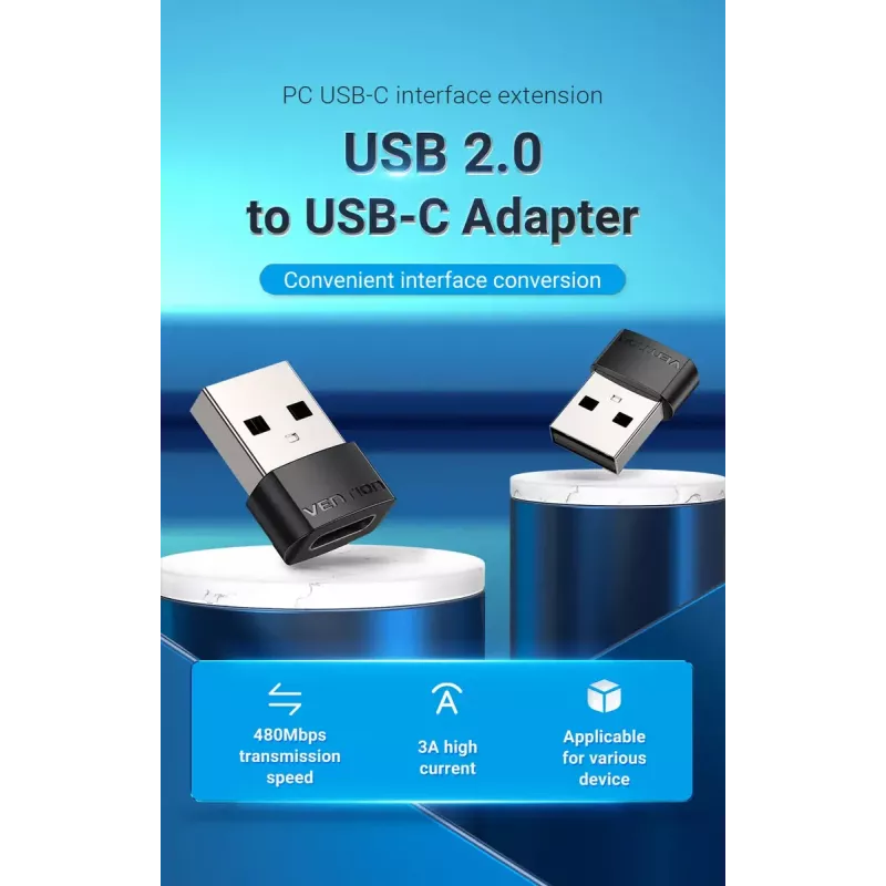 USB-sovitin Vention CDWB0 USB 2.0 -pistoke USB-C-liitäntään musta PVC
