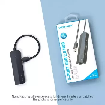 USB 2.0 -keskitin Vention 3-porttinen 100M Ethernet -sovittimella, USB 2.0 -isäntä, 4 porttia, musta