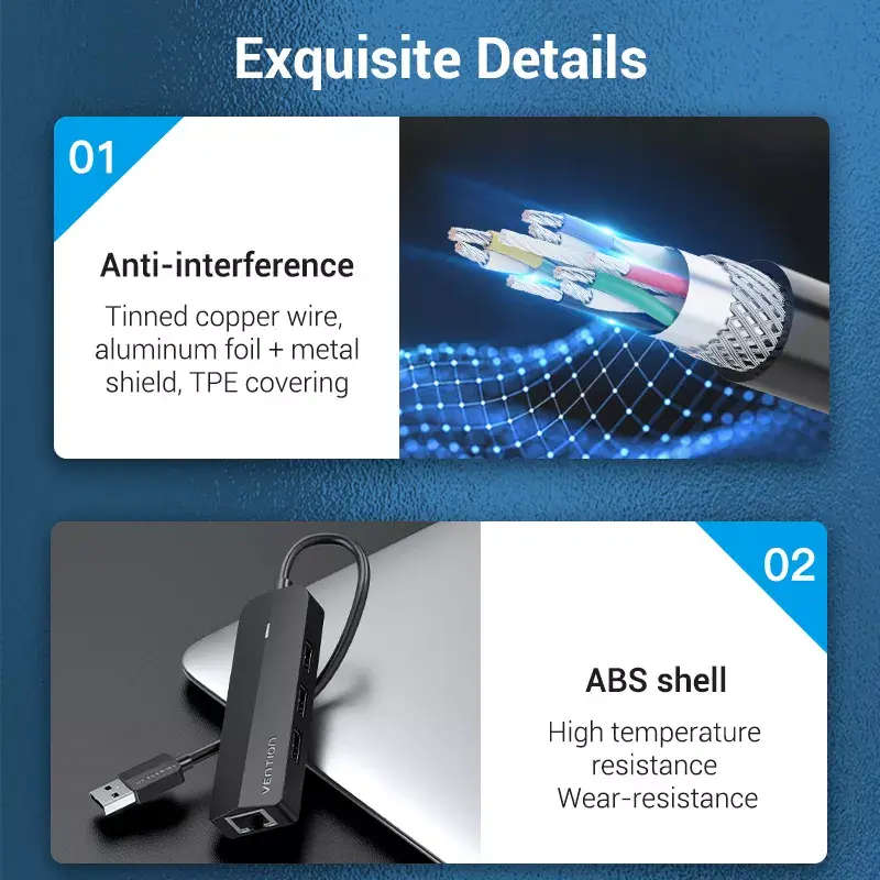 USB 2.0 -keskitin Vention 3-porttinen 100M Ethernet -sovittimella, USB 2.0 -isäntä, 4 porttia, musta