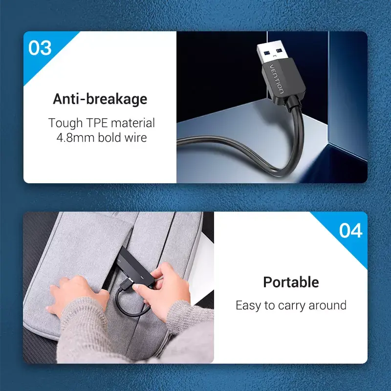 USB 2.0 -keskitin Vention 3-porttinen 100M Ethernet -sovittimella, USB 2.0 -isäntä, 4 porttia, musta