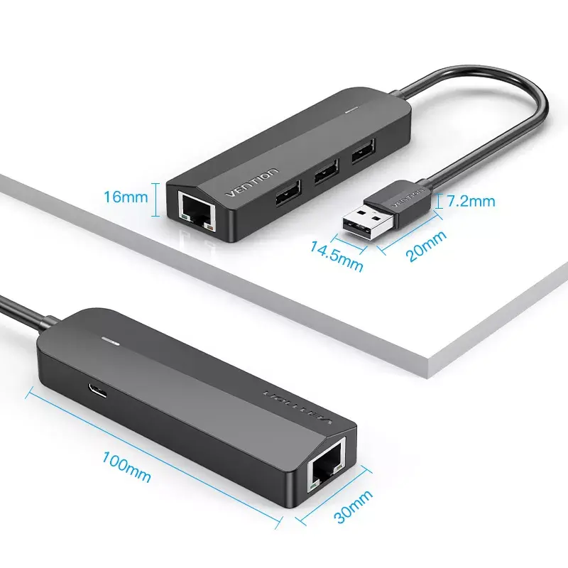 USB 2.0 -keskitin Vention 3-porttinen 100M Ethernet -sovittimella, USB 2.0 -isäntä, 4 porttia, musta