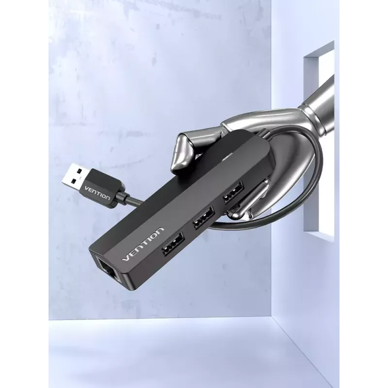 USB 2.0 -keskitin Vention 3-porttinen 100M Ethernet -sovittimella, USB 2.0 -isäntä, 4 porttia, musta