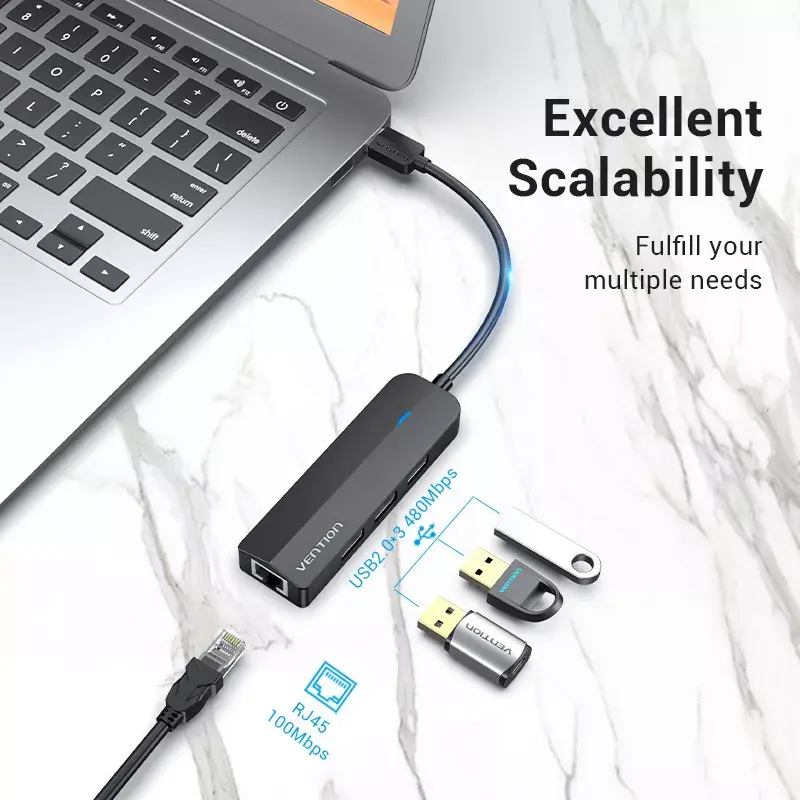 USB 2.0 -keskitin Vention 3-porttinen 100M Ethernet -sovittimella, USB 2.0 -isäntä, 4 porttia, musta