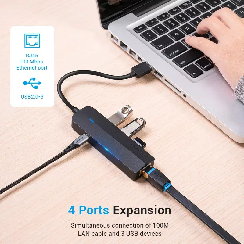 USB 2.0 -keskitin Vention 3-porttinen 100M Ethernet -sovittimella, USB 2.0 -isäntä, 4 porttia, musta