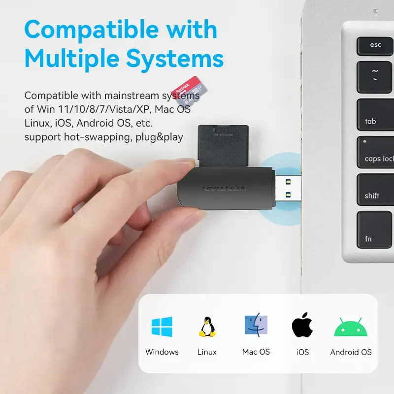 Vention CLGB0 2-in-1-kortinlukija, USB 3.0 A, SD + TF, kaksi asemakirjainta, musta