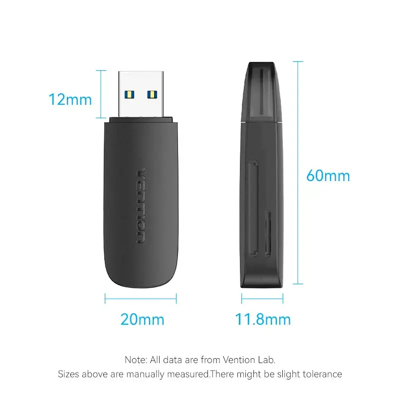 Vention CLGB0 2-in-1-kortinlukija, USB 3.0 A, SD + TF, kaksi asemakirjainta, musta