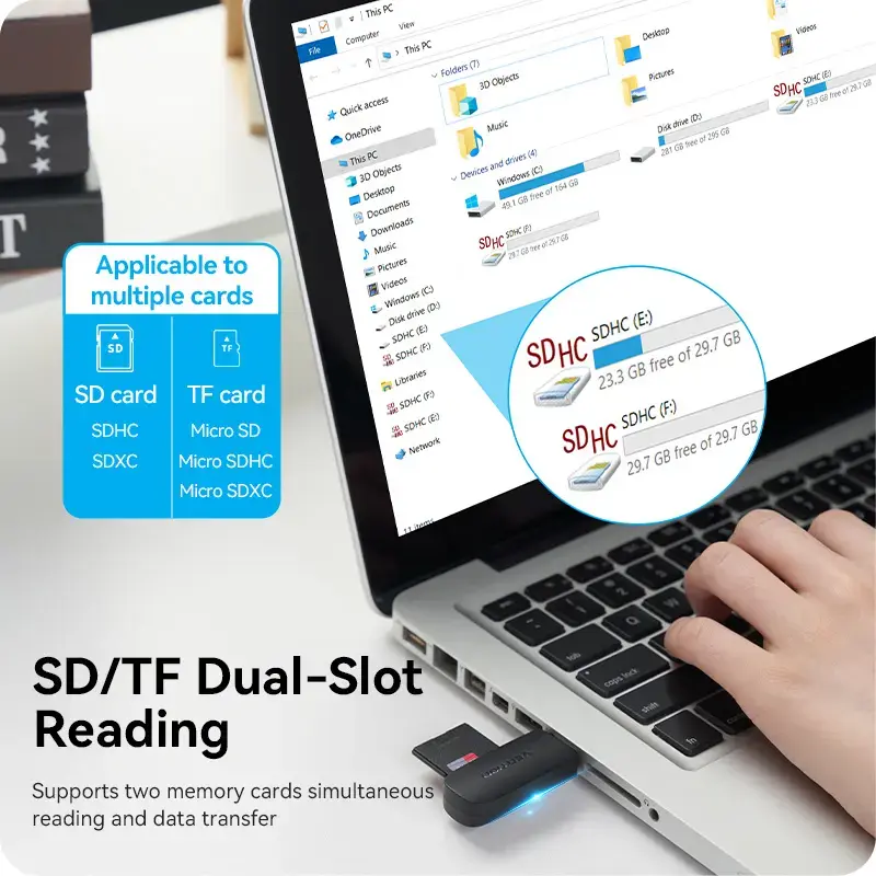 Vention CLGB0 2-in-1-kortinlukija, USB 3.0 A, SD + TF, kaksi asemakirjainta, musta