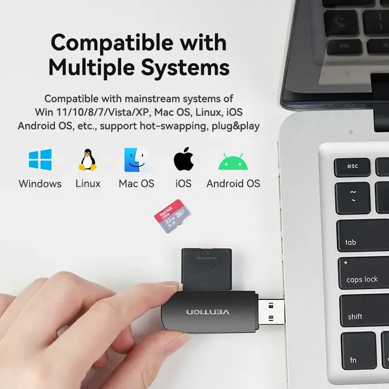 Vention 2-in-1 USB 3.0 A -kortinlukija SD+TF, USB 3.2 Gen 1, 5000 Mbit/s, musta