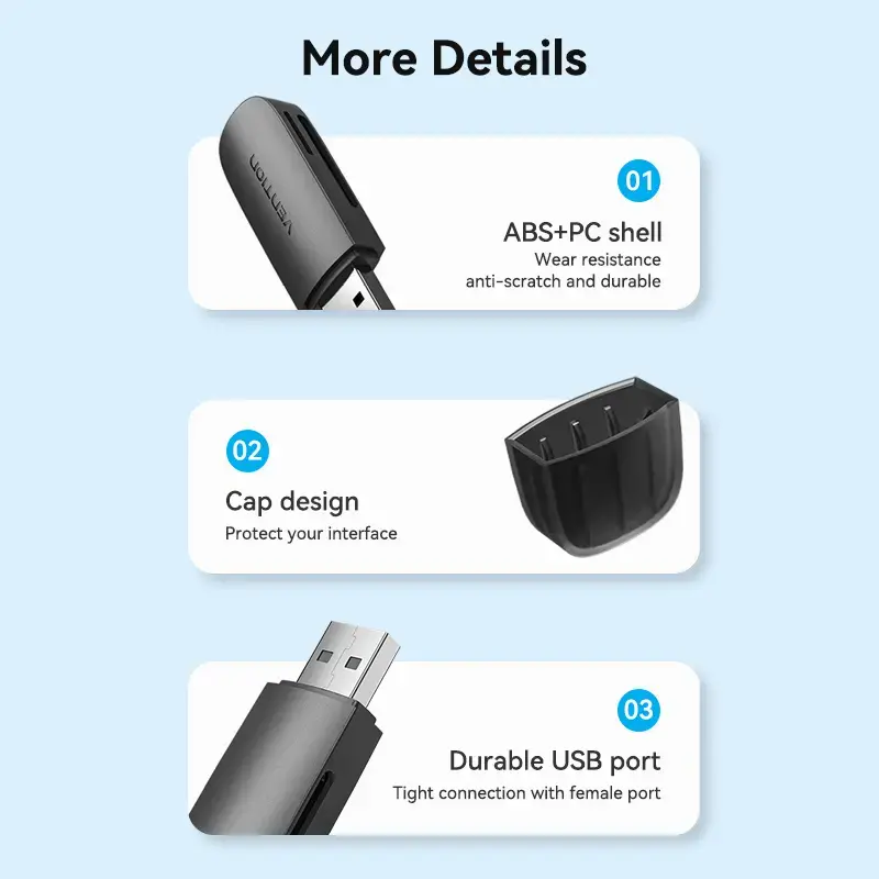Vention 2-in-1 USB 3.0 A -kortinlukija SD+TF, USB 3.2 Gen 1, 5000 Mbit/s, musta
