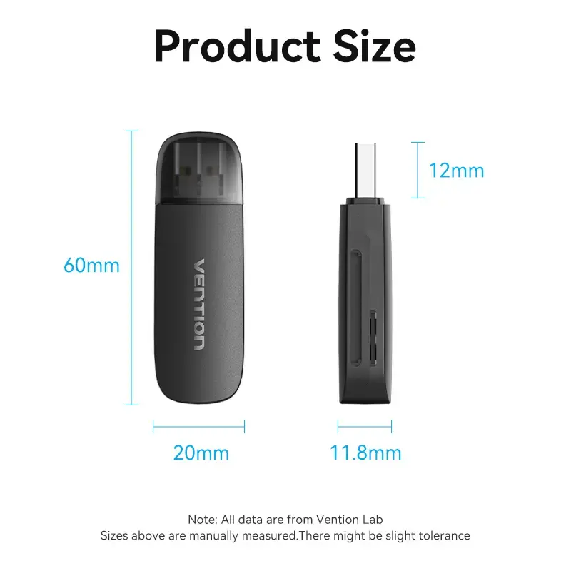 Vention 2-in-1 USB 3.0 A -kortinlukija SD+TF, USB 3.2 Gen 1, 5000 Mbit/s, musta