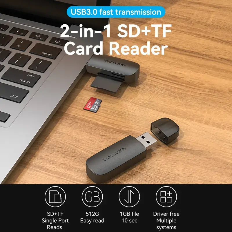 Vention 2-in-1 USB 3.0 A -kortinlukija SD+TF, USB 3.2 Gen 1, 5000 Mbit/s, musta