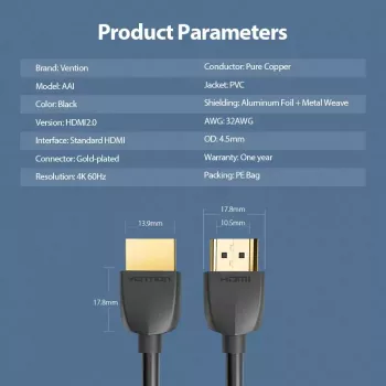 Vention kannettava HDMI-kaapeli 3M musta HDMI 2.0 18 Gbit/s