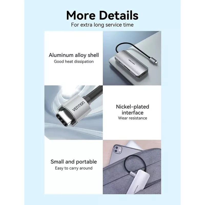 Telakointiasema Vention USB-C–HDMI USB 3.0×3 SD TF PD 100W harmaa