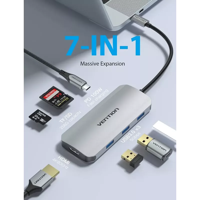 Telakointiasema Vention USB-C–HDMI USB 3.0×3 SD TF PD 100W harmaa