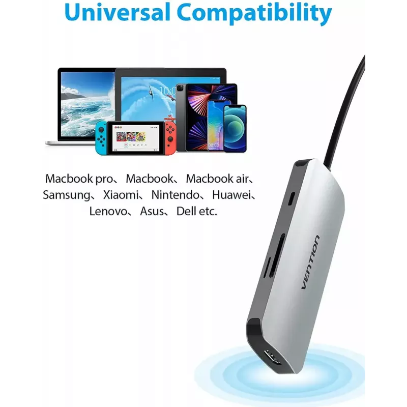 Telakointiasema Vention USB-C–HDMI USB 3.0×3 SD TF PD 100W harmaa