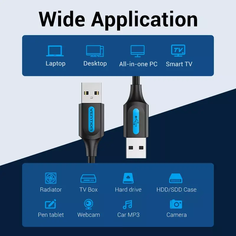Vention COJBH USB 2.0 -kaapeli, USB-A-uros – USB-A-uros, 2 m, 2 A, musta