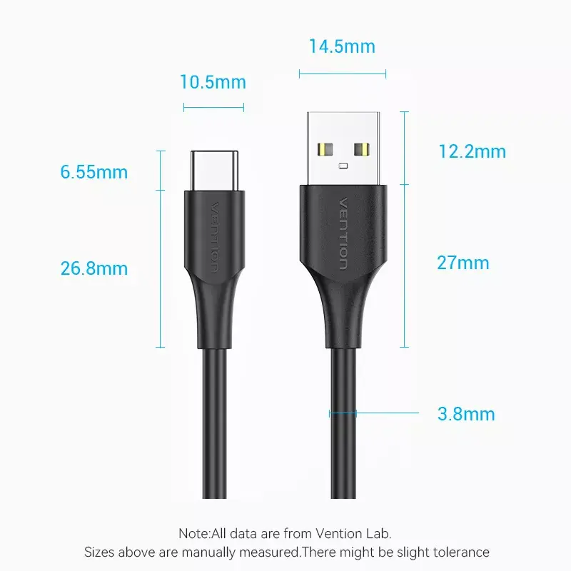 Vention USB 2.0 A uros - C uros 3A kaapeli 0.5M musta