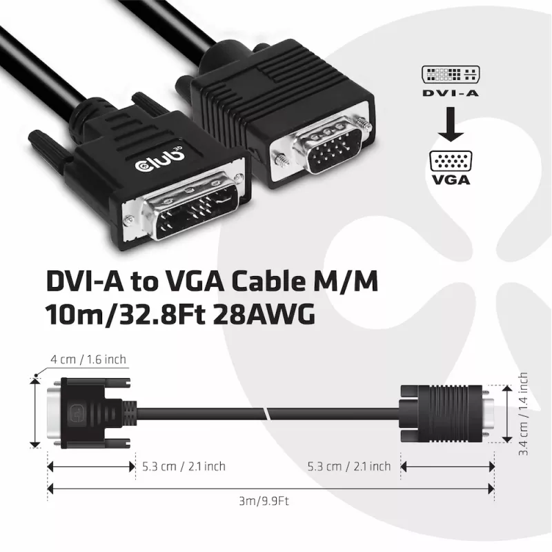 DVI-A - VGA -kaapeli M/M CLUB3D CAC-1243 3m 28 AWG musta