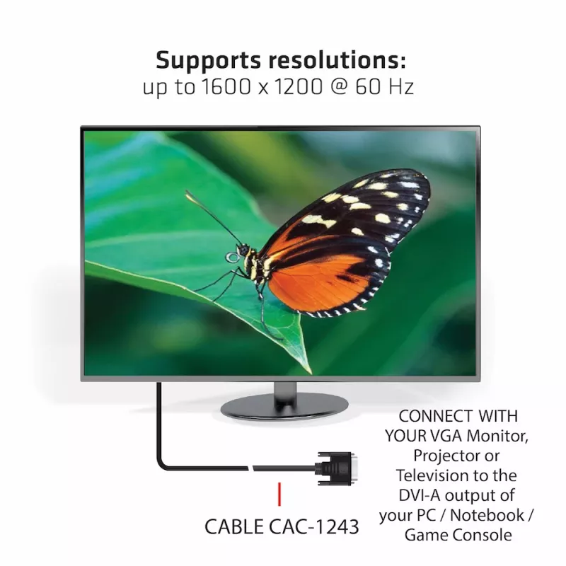DVI-A - VGA -kaapeli M/M CLUB3D CAC-1243 3m 28 AWG musta