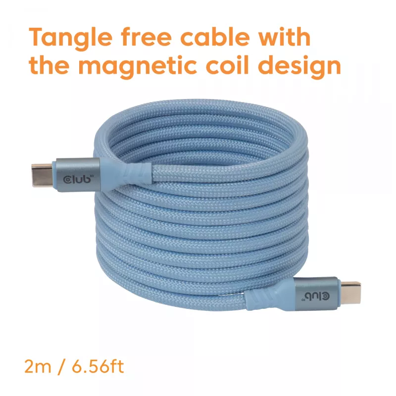 Club 3D CAC-3030 USB-C Magnetic-Coil -kaapeli, 240 W PD3.1, kaksisuuntainen, pikalataus, 2 m (6,56 ft), sininen