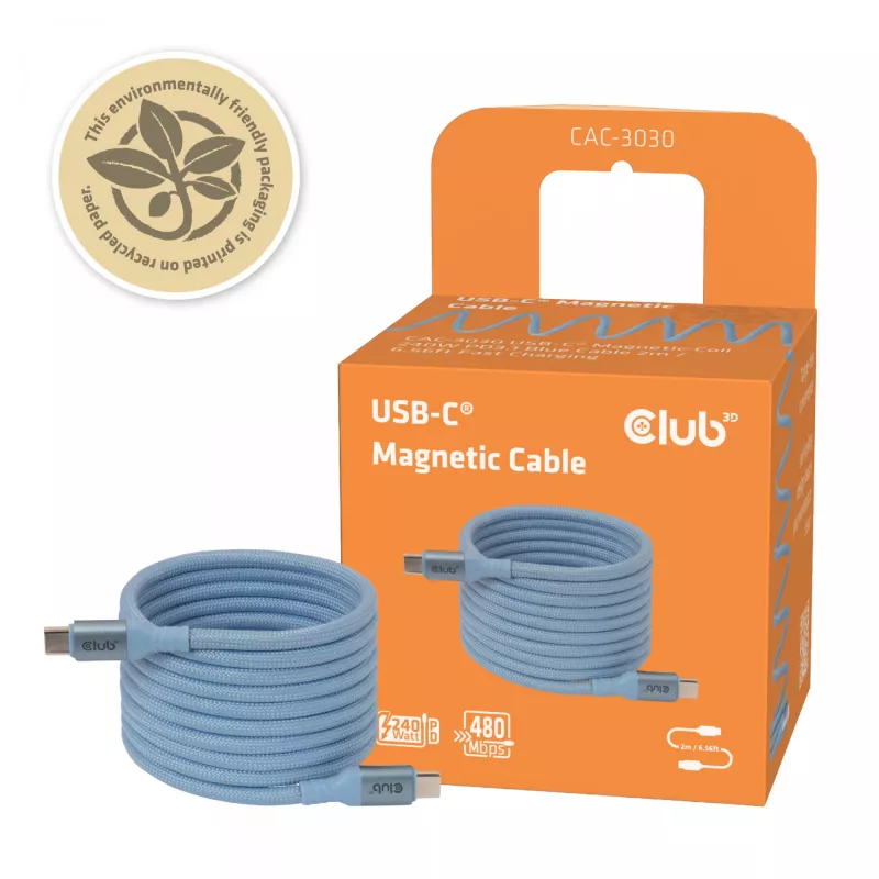 Club 3D CAC-3030 USB-C Magnetic-Coil -kaapeli, 240 W PD3.1, kaksisuuntainen, pikalataus, 2 m (6,56 ft), sininen