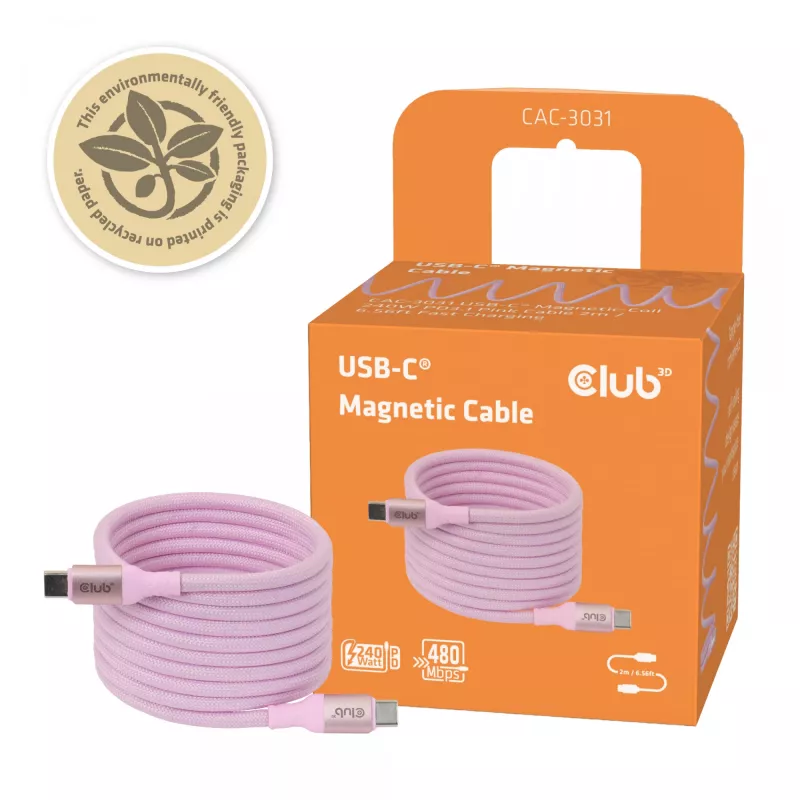 CLUB3D USB-C Magnetic-Coil 240W pinkki kaapeli 2m USB 2.0