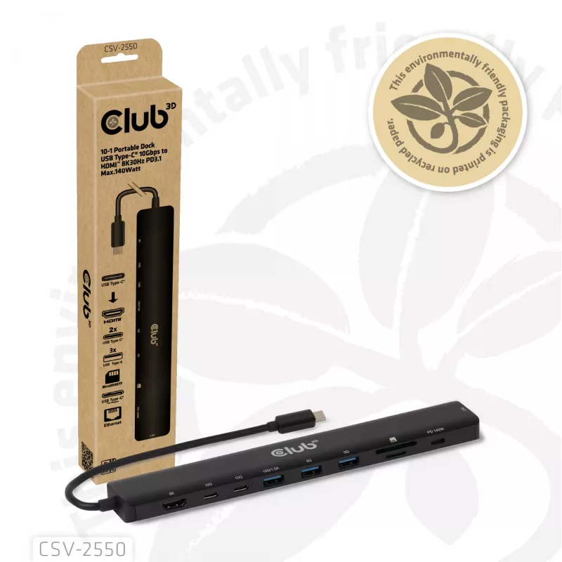 CLUB3D 10-1 kannettava telakka USB Type-C® 10Gbps - HDMI™ 8K30Hz PD3.1 max. 140 wattia