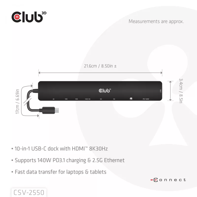 CLUB3D 10-1 kannettava telakka USB Type-C® 10Gbps - HDMI™ 8K30Hz PD3.1 max. 140 wattia