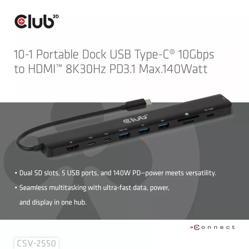 CLUB3D 10-1 kannettava telakka USB Type-C® 10Gbps - HDMI™ 8K30Hz PD3.1 max. 140 wattia