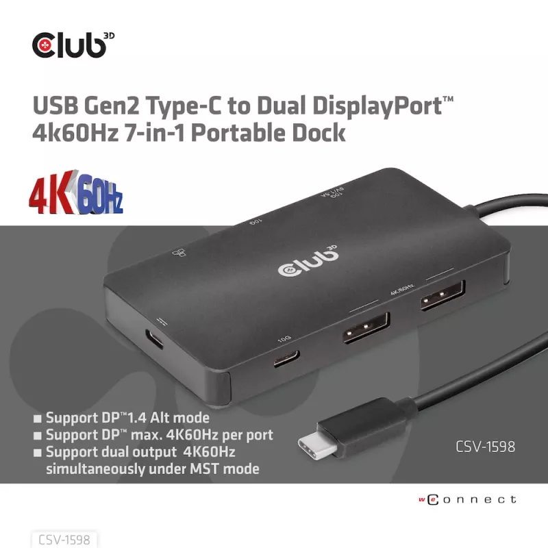 CLUB3D USB Gen2 Type-C - Dual DisplayPort 4k60Hz 7-in-1 HUB