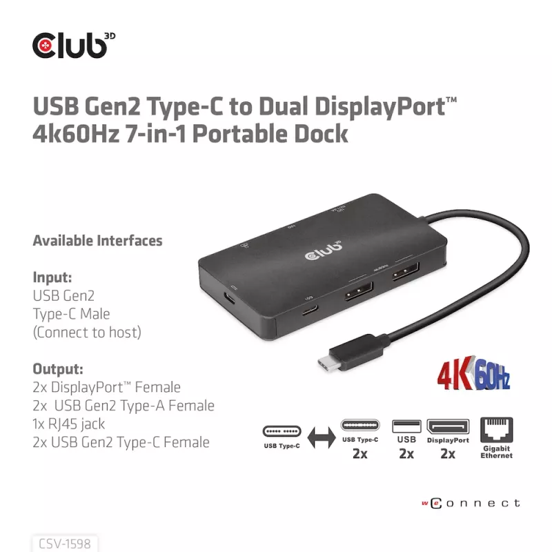 CLUB3D USB Gen2 Type-C - Dual DisplayPort 4k60Hz 7-in-1 HUB