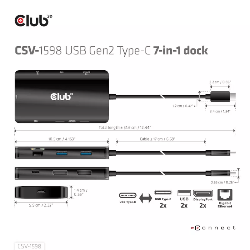 CLUB3D USB Gen2 Type-C - Dual DisplayPort 4k60Hz 7-in-1 HUB