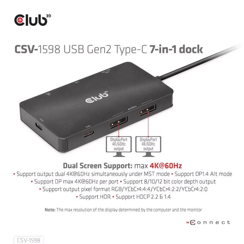 CLUB3D USB Gen2 Type-C - Dual DisplayPort 4k60Hz 7-in-1 HUB