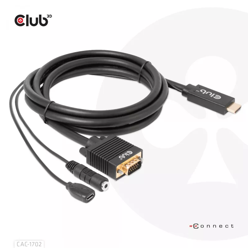Club 3D CAC-1712 HDMI–VGA-kaapeli M/M Micro-USB-virralla ja 3,5 mm:n äänellä, 2 m (6,56 ft), 28AWG