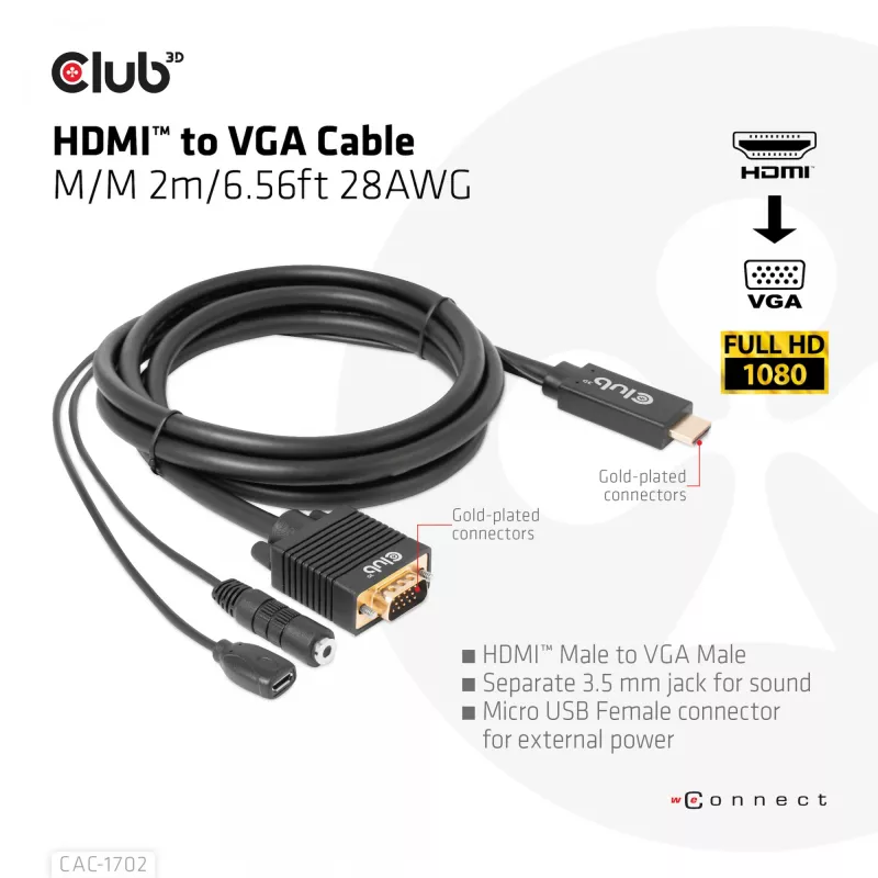 Club 3D CAC-1712 HDMI–VGA-kaapeli M/M Micro-USB-virralla ja 3,5 mm:n äänellä, 2 m (6,56 ft), 28AWG
