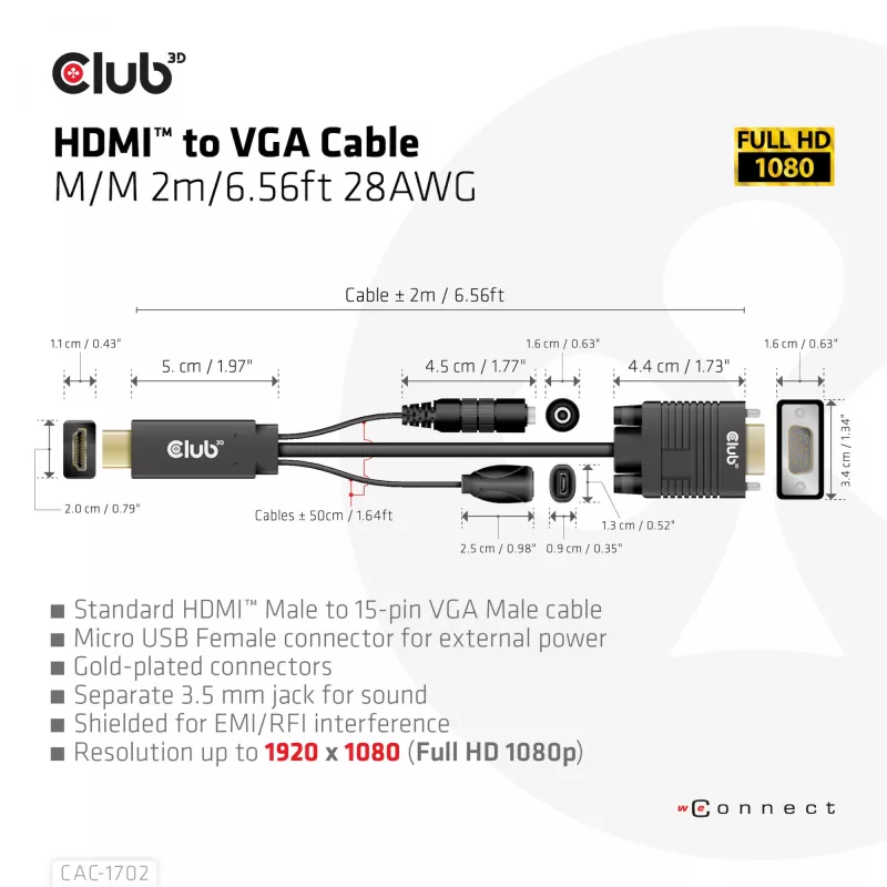 Club 3D CAC-1712 HDMI–VGA-kaapeli M/M Micro-USB-virralla ja 3,5 mm:n äänellä, 2 m (6,56 ft), 28AWG