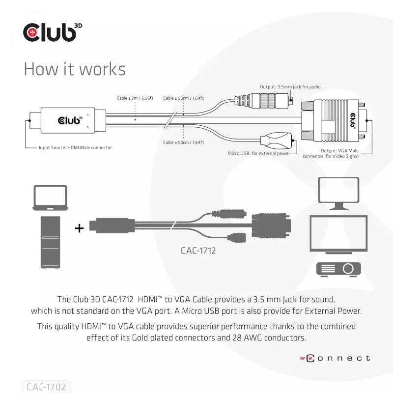 Club 3D CAC-1712 HDMI–VGA-kaapeli M/M Micro-USB-virralla ja 3,5 mm:n äänellä, 2 m (6,56 ft), 28AWG