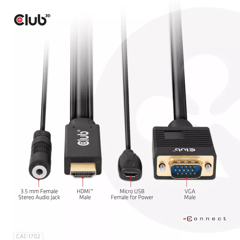 Club 3D CAC-1712 HDMI–VGA-kaapeli M/M Micro-USB-virralla ja 3,5 mm:n äänellä, 2 m (6,56 ft), 28AWG