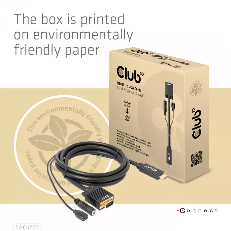 Club 3D CAC-1712 HDMI–VGA-kaapeli M/M Micro-USB-virralla ja 3,5 mm:n äänellä, 2 m (6,56 ft), 28AWG