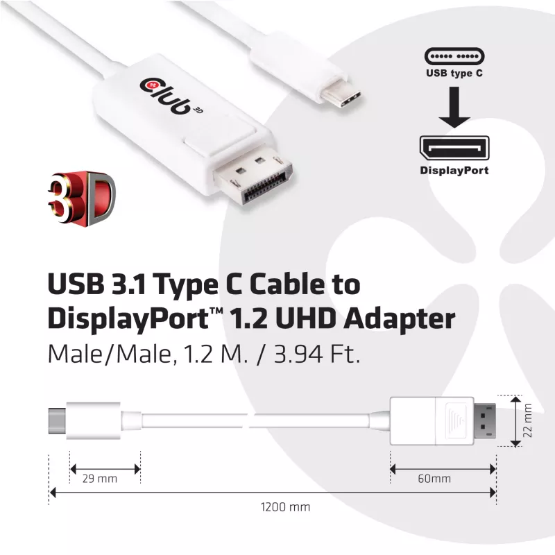 CLUB3D USB 3.1 Type-C -kaapeli - DisplayPort 1.2 UHD -adapteri