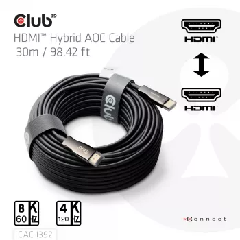 CLUB3D HDMI™ Hybrid AOC -kaapeli 8K60Hz/4K120Hz 30m / 98,42 ft, 30 m, HDMI tyyppi A (Standard), HDMI tyyppi A (Standard), 48 Gbit/s, musta