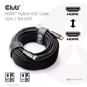 Club 3D HDMI Hybrid AOC -kaapeli 8K60Hz / 4K120Hz 50 m, HDMI tyyppi A uros-uros