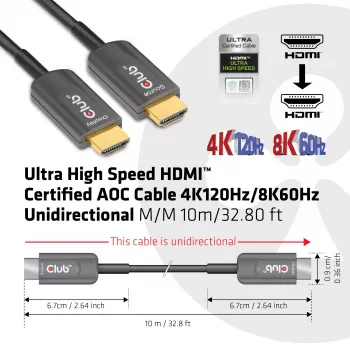 CLUB3D Ultra High Speed HDMI™ Certified AOC -kaapeli 4K120Hz/8K60Hz yksisuuntainen M/M 10m