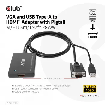 Club 3D CAC-1720 VGA- ja USB Type-A – HDMI-sovitin johdolla M/F, 0,6 m (1,97 ft), 28AWG, musta