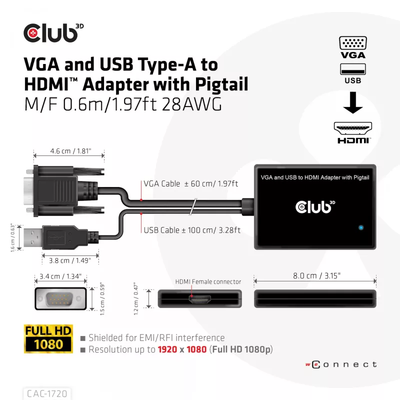 Club 3D CAC-1720 VGA- ja USB Type-A – HDMI-sovitin johdolla M/F, 0,6 m (1,97 ft), 28AWG, musta