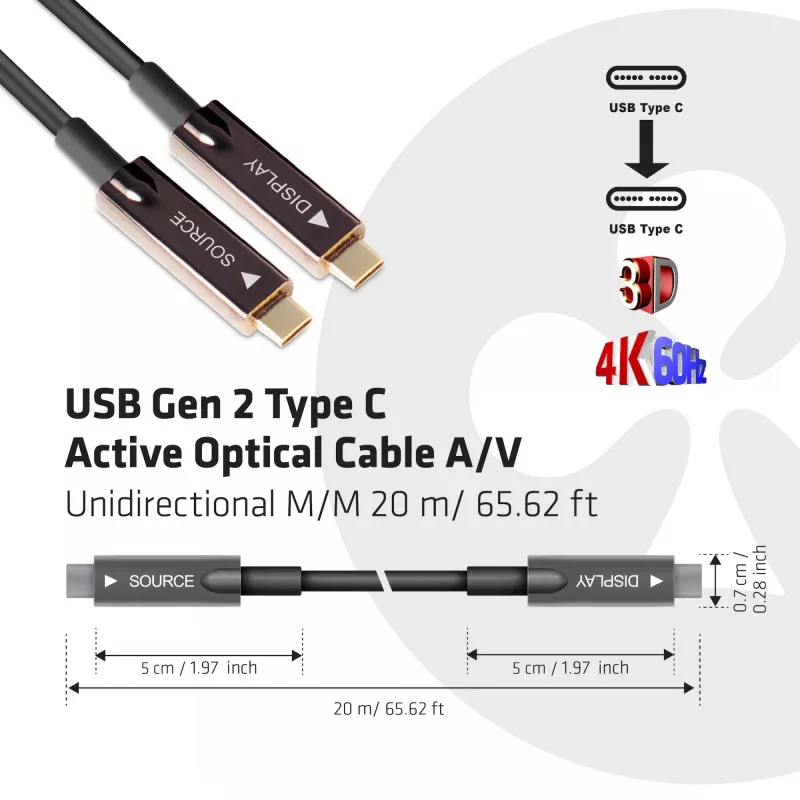 CLUB3D USB Gen 2 Type-C Active Optical -kaapeli A/V yksisuuntainen M/M 20 m