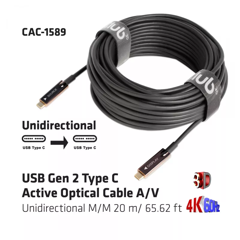 CLUB3D USB Gen 2 Type-C Active Optical -kaapeli A/V yksisuuntainen M/M 20 m