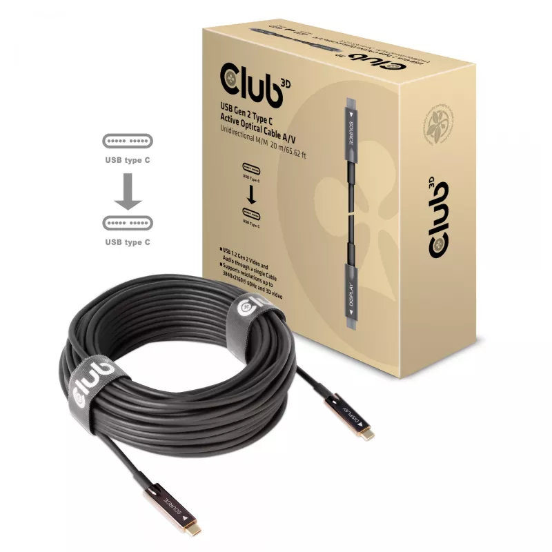 CLUB3D USB Gen 2 Type-C Active Optical -kaapeli A/V yksisuuntainen M/M 20 m